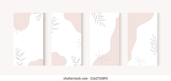 Minimal stories template. Vector backgrounds. Minimalism trendy style, organic shapes with leaves. Social Highlight Covers and stories page.