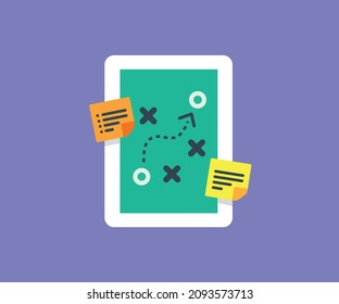 Minimal strategy planning board icon, tactics and notes on white board, uccess concept, vector design
