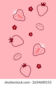minimal strawberry with flower and leaves floating, fruit decorative element for modern design