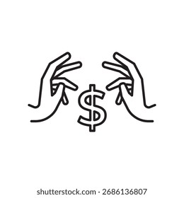 Minimal stroke icon of two hands presenting a dollar sign, symbolizing financial exchange, investment, donation, or money management. Ideal for fintech, banking, or business UI UX design.