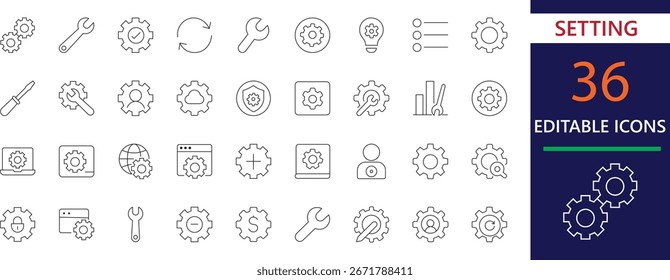 Minimal stroke icons of settings, tools, and configurations for management and security. Perfect for apps, websites, software UI, and technology projects.