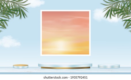 Minimal studio Podium showcase display with Cylinder Stand on blue sky,cloud and palm leaves on wall,Luxury Vector Realistic 3D Stage pedestal for Product presentation,Cosmetic,Spa products on Summer