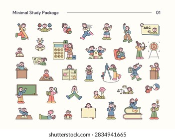 Minimal study character set featuring students, teachers, reading, learning, school activities, science, math, and graduation.