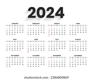 minimal style 2024 new year calendar template for office desk or wall vector