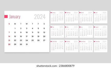 minimal style 2024 new year calendar template for office stationery vector