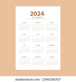 Minimal style 2024 page calendar for new year