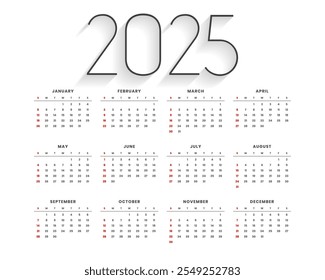 minimal style 2025 annual wall calendar template design vector