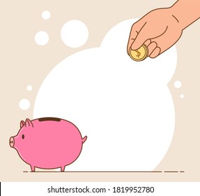 Minimal Style Blank Template Of Pink Piggy Bank With Hand Holding Coin. Concept Of Saving Money, Financial Management, Background For Kid, Child Saving Money, Cartoon Frame. Flat Vector Illustration