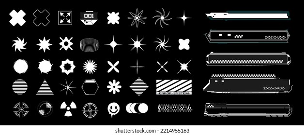 Minimal style Brutalism stars.  Contemporary forms black and white.  Vaporwave style shapes from 80s-90s. Constructor of trendy geometric postmodern figures. Vector graphic shapes set