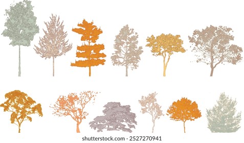 Minimal style cad tree line drawing, Side view, set of graphics trees elements outline symbol for architecture and landscape design drawing. Vector illustration in stroke fill in white. autumn