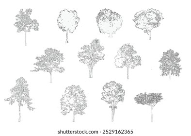 Desenho de linha de árvore de cad de estilo mínimo, vista lateral, conjunto de elementos gráficos de árvores símbolo de contorno para arquitetura e desenho de design de paisagem. Ilustração vetorial no preenchimento do traçado em branco.