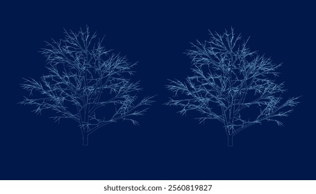 Minimal style cad tree line drawing Vector illustration in stroke fill in blue, set of graphics trees elements outline symbol for landscape design drawing, Side view, Architectural Drawings.