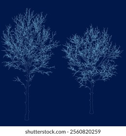 Minimal style cad tree line drawing Vector illustration in stroke fill in blue, set of graphics trees elements outline symbol for landscape design drawing, Side view, Architectural Drawings.