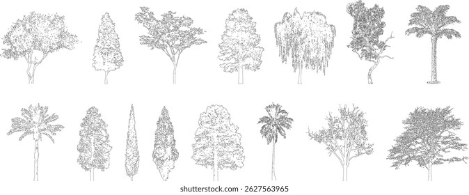 Minimal style cad tree line drawing, Side view, set of graphics trees elements outline symbol for architecture and landscape design drawing. Vector illustration in stroke fill in white. Tropical, oak
