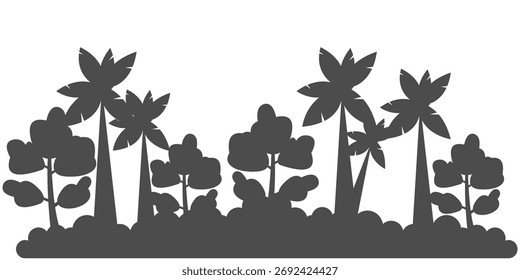 Dibujo de línea de árbol de cad de estilo mínimo, vista lateral, conjunto de sección de contorno de bosque de humedales para Ilustración vectorial de dibujo de diseño paisajístico en elemento separado