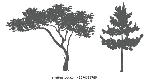 Estilo minimalista CAD Tree Line Drawings Side View Conjunto de símbolos de contorno de árbol tropical para Ilustración vectorial de diseño arquitectónico y paisajístico en trazo blanco