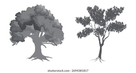 Estilo mínimo Desenhos de linha de árvore CAD Conjunto de visualização lateral de símbolos de contorno de árvore tropical para arquitetura e design de paisagem Ilustração de vetor em traço branco