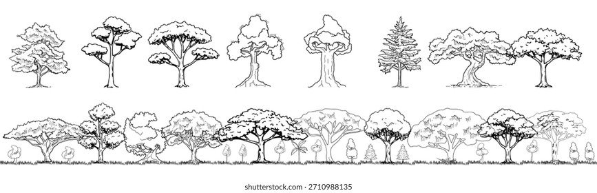 Dibujo de línea de árbol de cad de estilo mínimo, vista lateral, conjunto de Elementos de árboles gráficos. Ilustración vectorial.