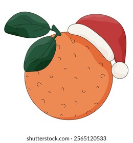 Minimal style Christmas orange in Santa Hat. Citrus fruit isolated white background. Simple vector illustration for Christmas greeting art. Social media postcard card poster template design EPS 10