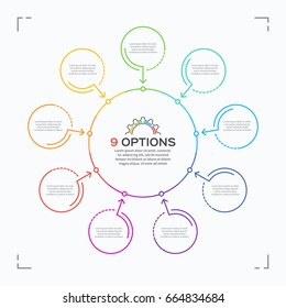 Minimal Style Circle Infographic Template With 9 Options. Expanded Stroke. Vector Illustration.