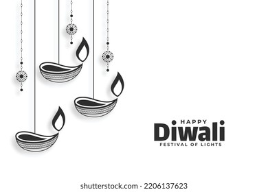 minimal style diwali greeting banner with hanging diya design    