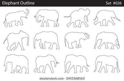 Minimal style Elephant line drawing, Side view, set of graphics Elephants elements outline symbol for creating coloring pages, prints. design drawing. Vector illustration in stroke fill in white.