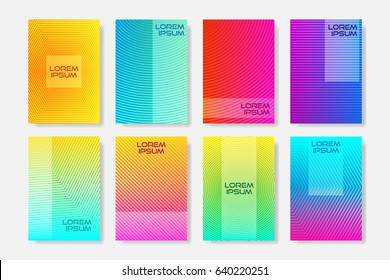 Minimal style flyers with linear halftone pattern.  Colorful cover design templates. Vector illustration.