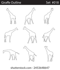 Minimal style giraffe line drawing, Side view, set of graphics giraffes elements outline symbol for architecture and landscape design drawing. Vector illustration in stroke fill in white.