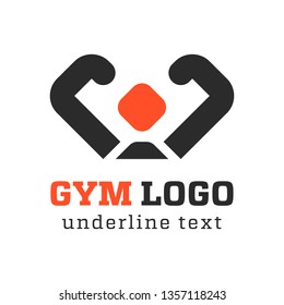 Minimal style gym logo with flexing person silhouette isolated on white.