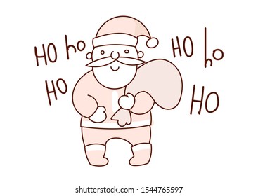 Minimal style hand drawn art of cartoon cute santa and handwritten phrase Ho Ho Ho. Vector illustration Christmas card.