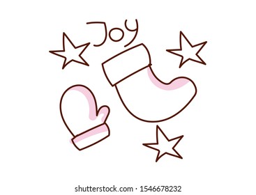 Minimal style hand drawn art of cartoon cute mitten and sock and handwritten phrase Joy. Vector illustration Christmas card.