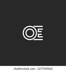 Minimal style Initials OE or EO logo original wedding card emblem, overlapping letters O and E intersection black and white line art