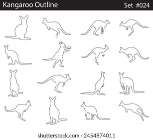 Minimal style kangaroo line drawing, Side view, set of graphics kangaroos elements outline symbol for creating coloring pages, prints. design drawing. Vector illustration in stroke fill in white.