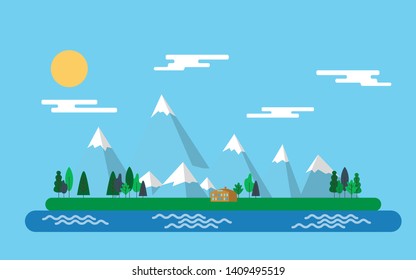 Minimal style of the landscape view of mountain with some snow on the top and the lake and some forest in front of the mountain in light tone color -summer holiday vector illustration concept