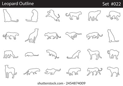 Minimal style Leopard line drawing, Side view, set of graphics Leopards elements outline symbol for creating coloring pages, prints. design drawing. Vector illustration in stroke fill in white.