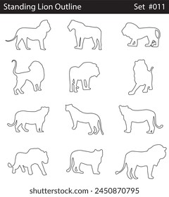 Minimal style lion line drawing, Side view, set of graphics lions elements outline symbol for architecture and landscape design drawing. Vector illustration in stroke fill in white.