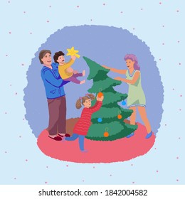 minimal style modern illustration on Christmas and New Year theme, happy family decorate christmas tree at home