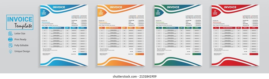 Minimal style modern invoice template design for accounting expense record purpose. This modern clean company invoice set is a finance accounting document in blue red orange. A flat cash memo receipt.