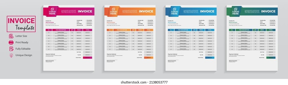 Minimal style modern invoice template design for accounting expense record purpose. This modern clean company invoice set is a finance accounting document in blue red orange. A flat cash memo receipt.