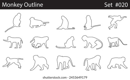 Minimal style monkey line drawing, Side view, set of graphics monkeys elements outline symbol for architecture and landscape design drawing. Vector illustration in stroke fill in white.