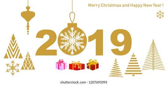 Minimal style New Year greeting card. Abstract fir trees, gifts and festive decorations on white background.