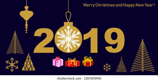 Minimal style New Year greeting card. Abstract fir trees, gifts and festive decorations on dark background.