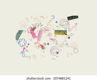 Minimal style pattern design made with various geometric forms, shapes and figures. Minimalism aesthetics in vector graphics background. Great for poster art, website design, album cover prints.