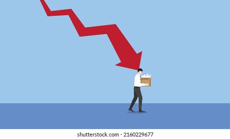 A minimal style of a red decrease graph. Fired and losing a job, unemployment, financial crisis, economic downturn, jobless, lay off concept. A depress and stress businessman, an employee holds a box.