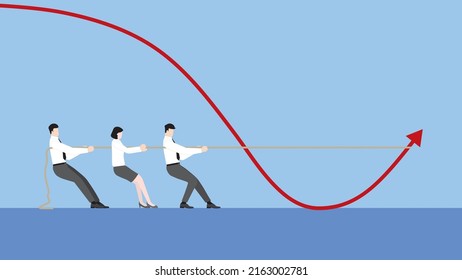 A minimal style of a red down chart of the financial crisis, economic downturn, inflation, recession, failure, bankruptcy concept. An emplyee team pulling a tug of war to change graph direction.