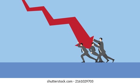 A minimal style of a red down graph of the financial crisis, economic downturn, inflation, recession,  failure, bankruptcy, and crisis concept. Businessmen team push a decrease business chart diagram.