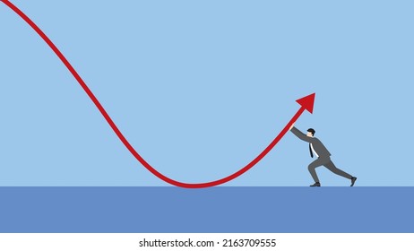 A minimal style of a red down graph of the financial crisis, economic downturn, inflation, recession, failure, bankruptcy, and crisis concept. A businessman push up a decrease business chart diagram.