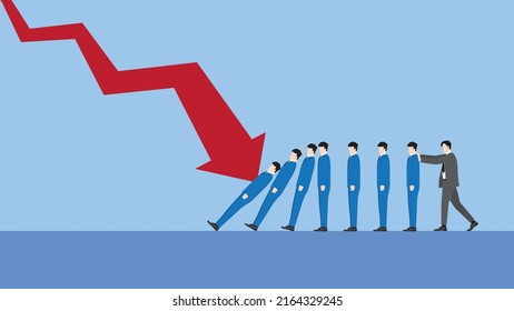 A minimal style of a red down graph of the financial crisis, economic downturn, inflation, recession,  bankruptcy, and crisis concept. A businessman pushes to resist a domino effect to stop failure.
