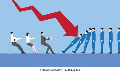 A minimal style of a red down graph of the financial crisis, economic downturn, inflation, recession, failure, bankruptcy concept. A business team with leader pulls a tug of war to stop domino effect.