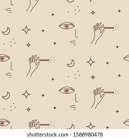 Minimal style seamless pattern with hands, wand and eye.